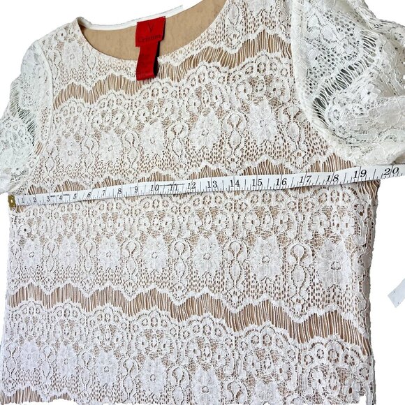 V. Christina - Nude with White Lace Overlay Round Neck Lace Sleeve Tunic M - Picture 7 of 9